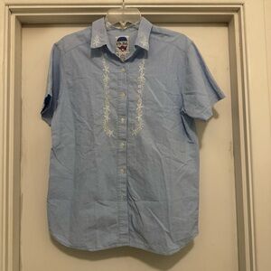 Women's Blue Button Down Floral Embroidered Shirt